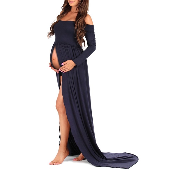 Off Shoulder Ruched Maternity Dress Photoshoot - Picture 2 of 5